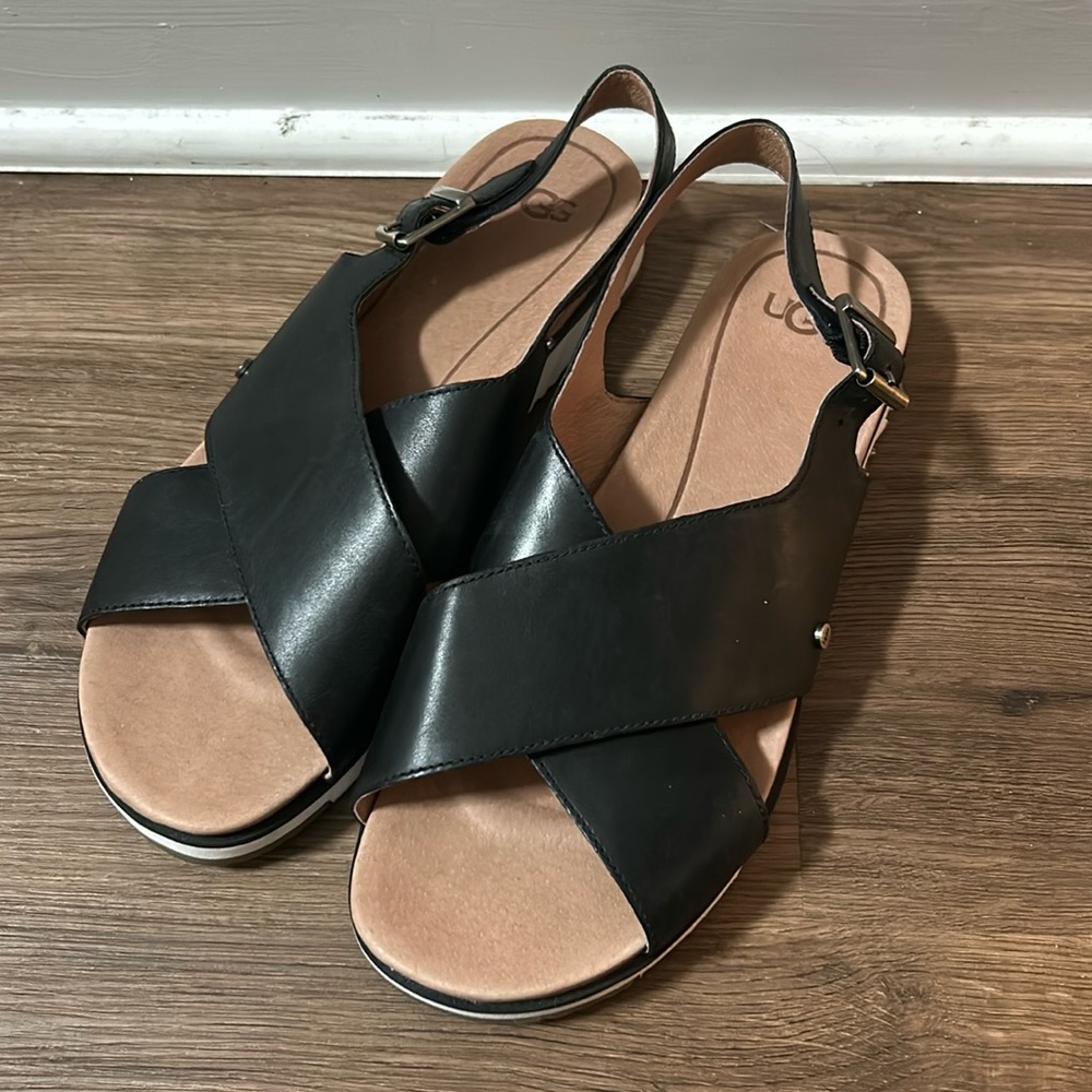 UGG Kamille Black Leather Sandals Size 9.5